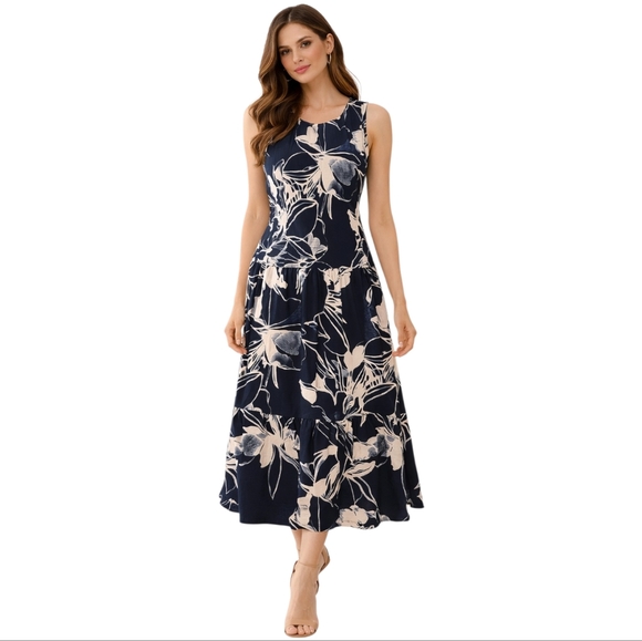 Calvin Klein Dresses & Skirts - Calvin Klein Navy Floral Maxi Dress Size 10 Stretch Sleeveless Elegant NWT